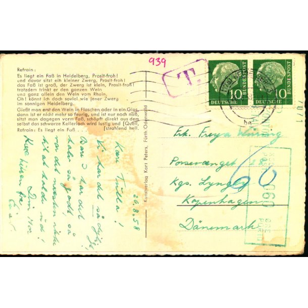 Efterporto - Postkort fra Tyskland til Kgs. Lyngby 20 - 8 - 58