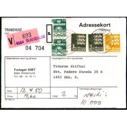 Adressekort fra Tranehuse - Vrdipakke 10.000 kr. - 2 x 3 kr og 1o kr.  Rigsvben 2x80 Blge