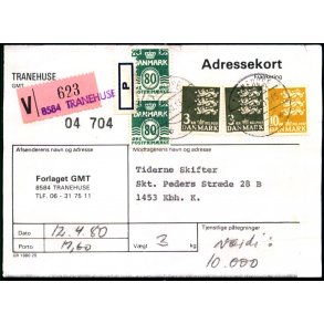 Adressekort fra Tranehuse - Vrdipakke 10.000 kr. - 2 x 3 kr og 1o kr.  Rigsvben 2x80 Blge