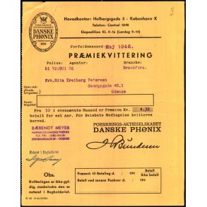 Danske Ph�nix - Pr�miekvittering - 1945