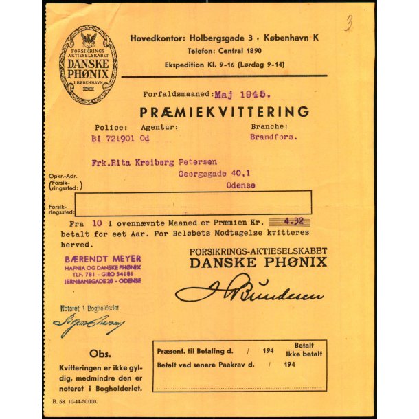 Danske Ph�nix - Pr�miekvittering - 1945