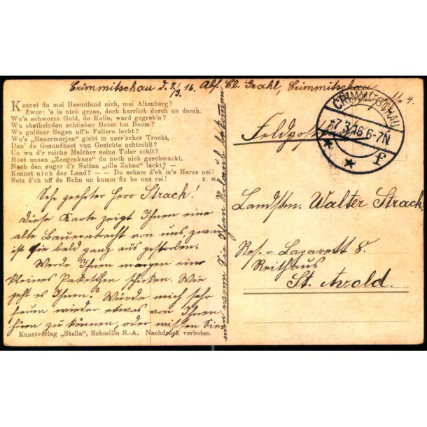 Feldpost - Crimmitschau  7 - 3 -16 - Til St. Tvold - Billedside : Gruss aus dem Alterburger-Garde