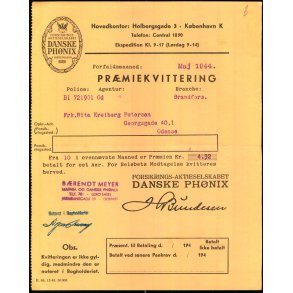 Danske Ph�nix - Pr�miekvittering - 1944