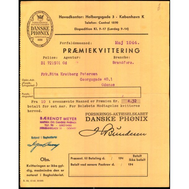Danske Ph�nix - Pr�miekvittering - 1944