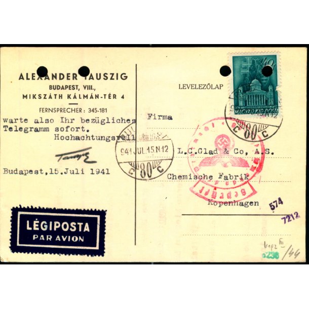 Censurpostkort fra Ungarn   15 - 6 - 41 - Til Kbenhavn