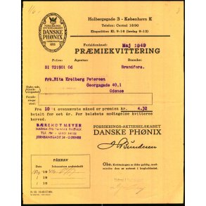 Danske Ph�nix - Pr�miekvittering - 1949