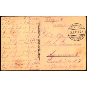 Feldpost - K.D. Feldpostexp.   28 - 9 -15 - Til Apenrade - Billedside : Heudicourt