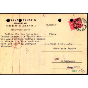 Censurpostkort fra Ungarn   9 - 6 - 41 - Til Kbenhavn