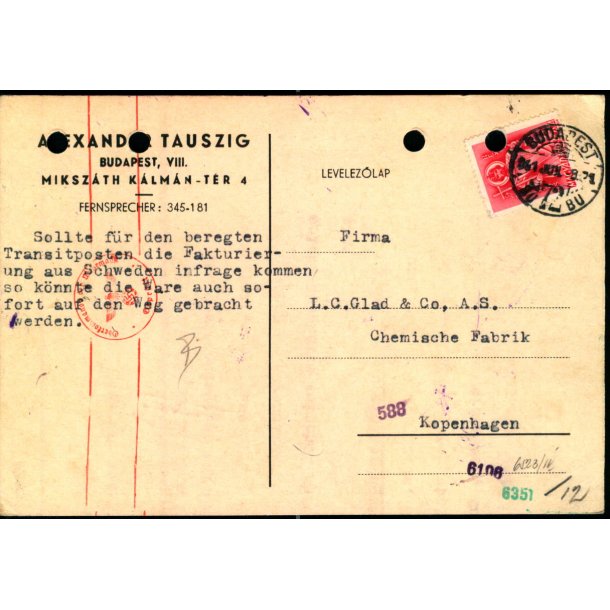 Censurpostkort fra Ungarn   9 - 6 - 41 - Til Kbenhavn