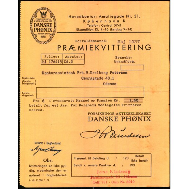 Danske Ph�nix - Pr�miekvittering - 1937