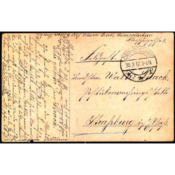 Feldpost - Crimmitschau  30 -9 -17 - Til Stratsburg - Billedside : Motiv.