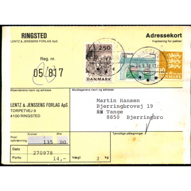 Adressekort med Postopkrvning fra Ringsted - 10  kr. Rigsvben - 2,50 og 1,80 Motiv. 28 - 9 - 78