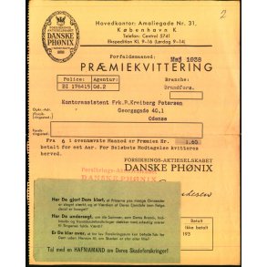 Danske Ph�nix - Pr�miekvittering - 1938