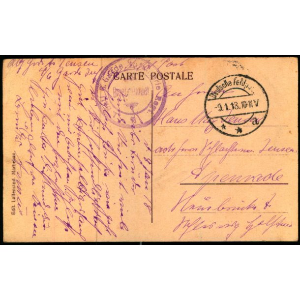 Feldpost - Deutshe Feldpost  9 - 1 - 18  - Til  Apenrade - Billedside : Habay-la-Vielle