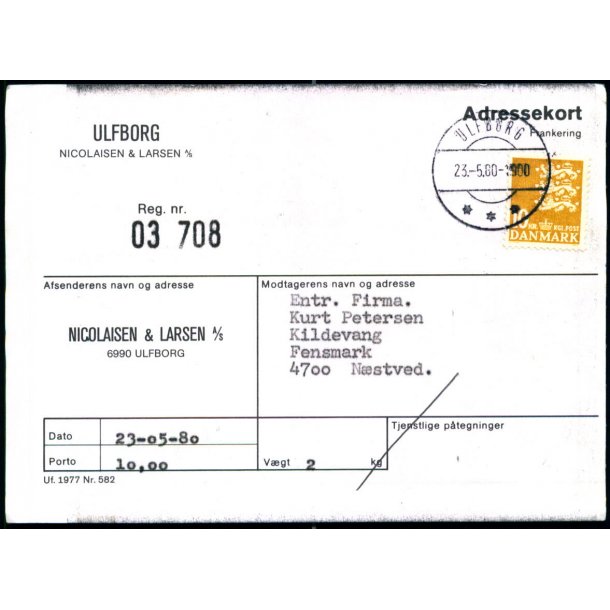 Adressekort fra Ulfborg - 10 kr. Rigsvben - 23 - 5 - 80