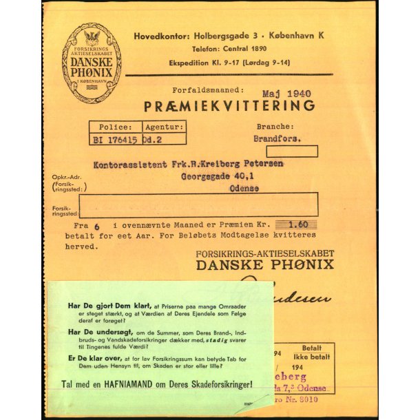 Danske Ph�nix - Pr�miekvittering - 1940