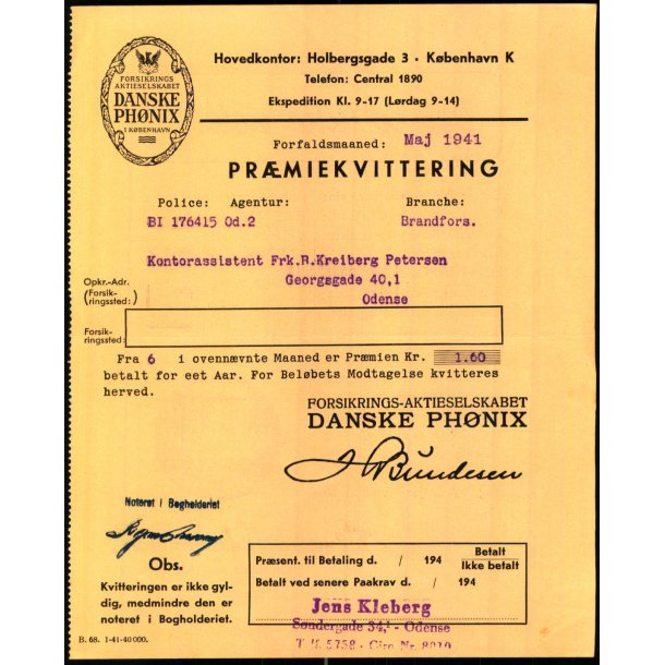 Danske Ph�nix - Pr�miekvittering - 1941