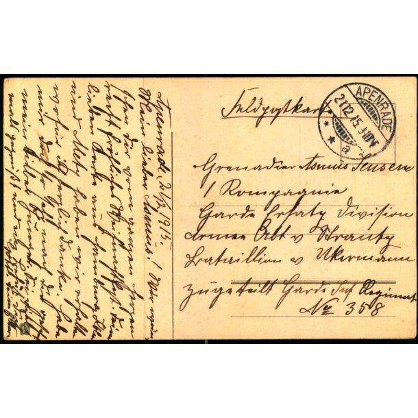 Feldpost - Apenrade   21 -12 -15 - Til  No. 358 - Billedside : Weinachtsgruss