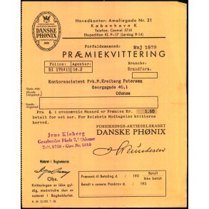 Danske Ph�nix - Pr�miekvittering - 1939
