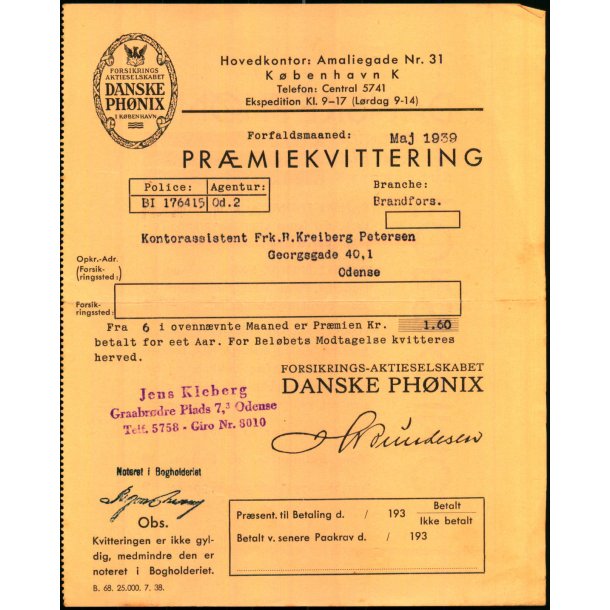 Danske Ph�nix - Pr�miekvittering - 1939
