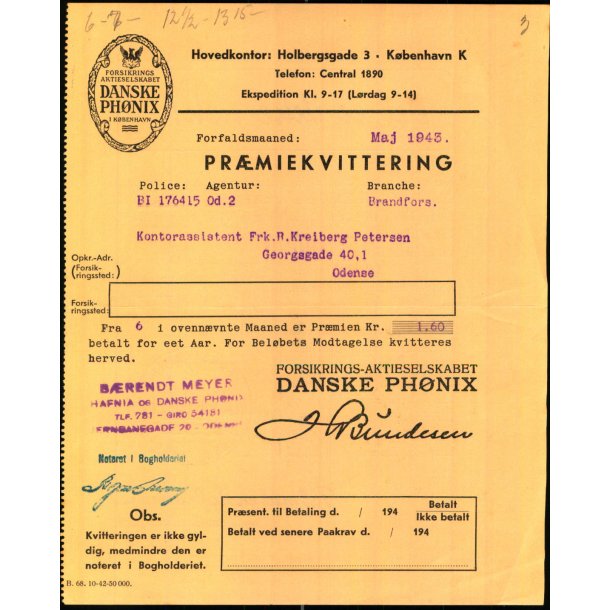 Danske Ph�nix - Pr�miekvittering - 1943