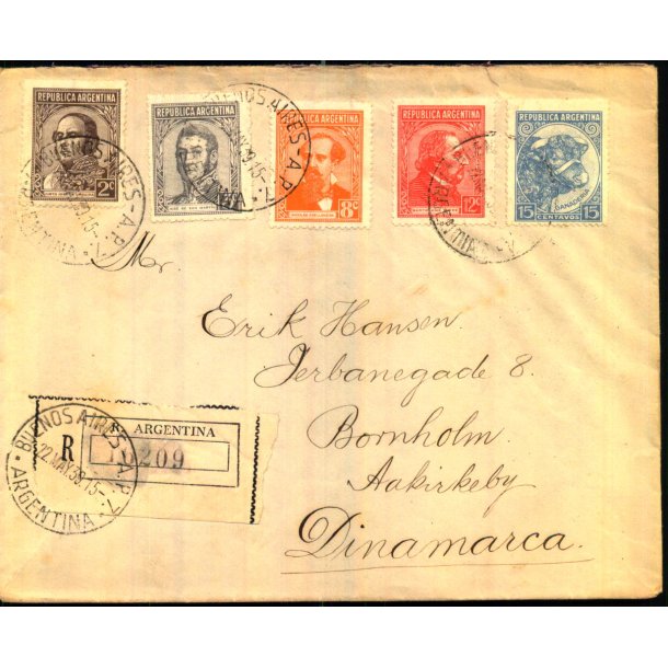 Luftpost Rekommanderet Brev fra Argentina til Aakirkeby Danmark - 22 - 5 - 39
