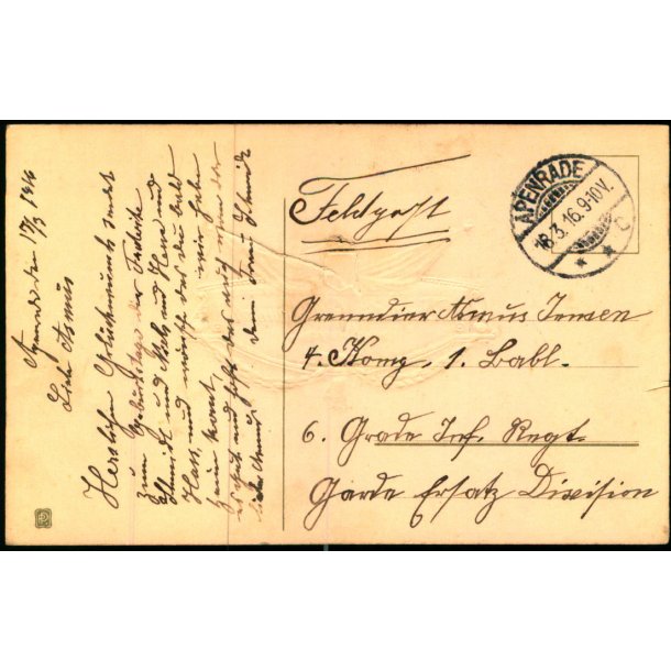 Feldpost - Apenrade   18 -3 -16 - Til  4. Komp - 1. Batl. - Billedside : Glckwunsch