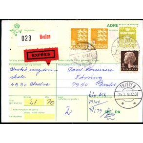 Adressekort med Opkrvning - Expres - 2x10 kr Rigsvben - 70 re Blge og 1,kr M. 24-1- 79