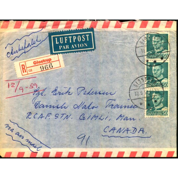 Luftpost RekommanderetBrev fra Danmark til Danish Nato Trainee - Canada - 12 - 9 - 59 - Med indhold.