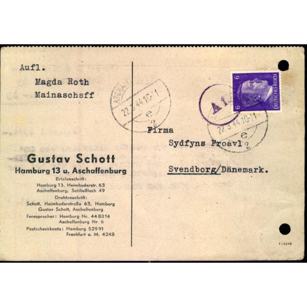 Censurpostkort fra Tyskland  22 - 3 - 44 - Til Svendborg