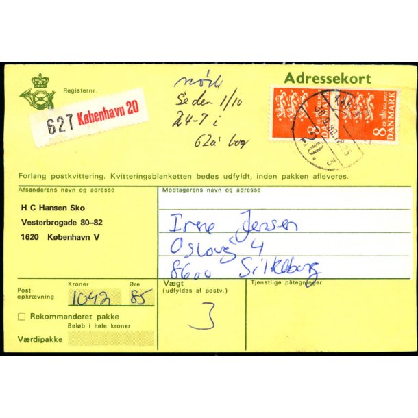 Adressekort med Postopkrvning fra Kbenhavn 2 - 2x8  kr. Rigsvben - 30 - 9- 80