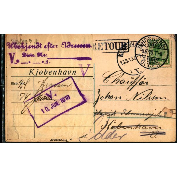 Postkort fra Horsens 8 - 6- 16   - Til Kbenhavn V. - Ubekendt efter Adressen - Retur