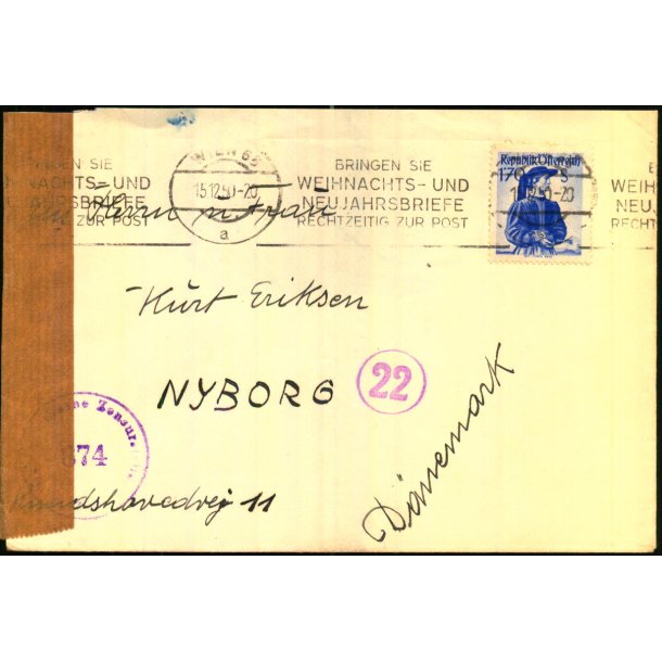 Luftpost - Censurbrev fra strig til Nyborg - 15 - 12 -50