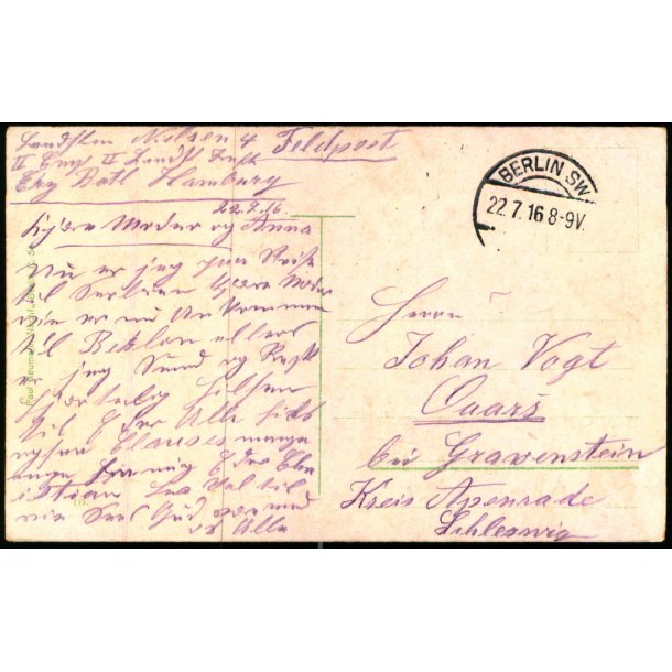 Feldpost - Berlin SW  22 - 7 -16 - Til Gravenstein - Apenrade  - Billedside : Berlin 