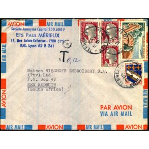 Luftpost Brev fra Frankrig til Syd Afrika - Efterporto T 0,12  - 17 - 2 - 65