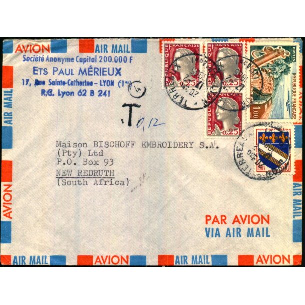 Luftpost Brev fra Frankrig til Syd Afrika - Efterporto T 0,12  - 17 - 2 - 65
