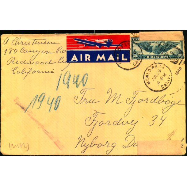 Luftpost - Censurbrev fra U.S.A.  til  Nyborg - 29 - 7 - 1940