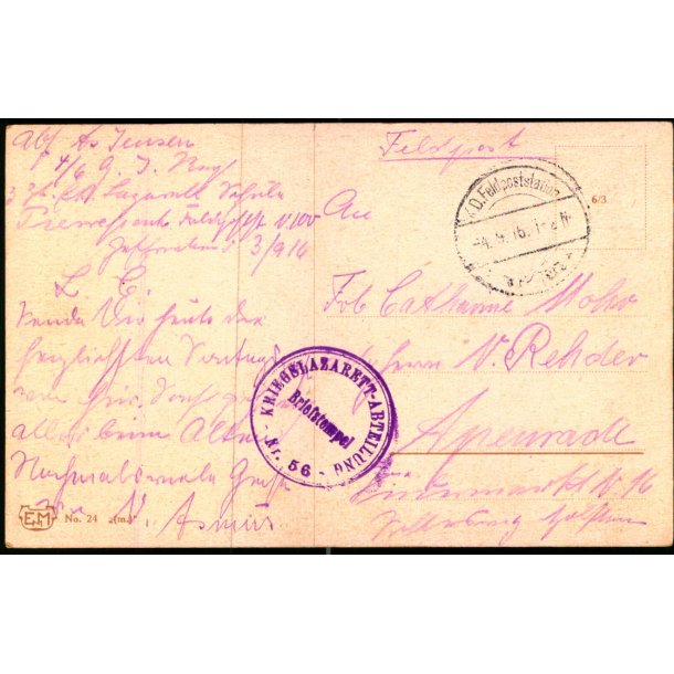 Feldpost - K.D. Feldpoststation   4 -9 -16 - Til  Apenrade - Billedside : Unser 42 er