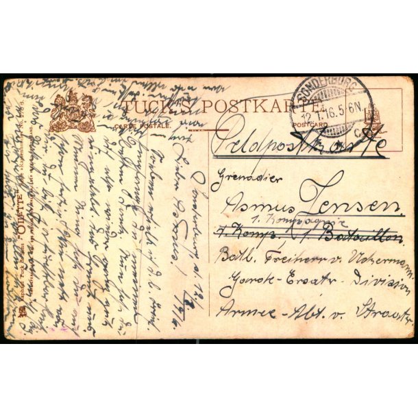 Feldpostkarte - Sonderburg   12 -7 -16 - Til  1. Kompagnie - Billedside : Hunde.