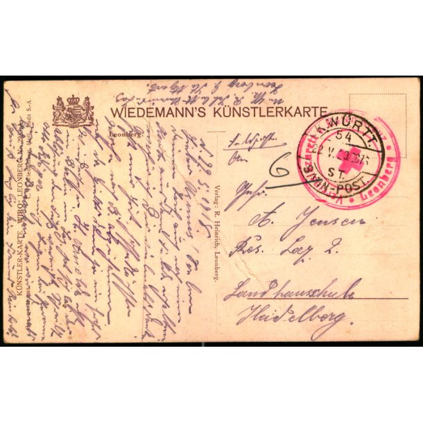 Feldpost - K.Wurstt.    2 -5 -18 - Til  Heidelberg - Billedside : Leonberg