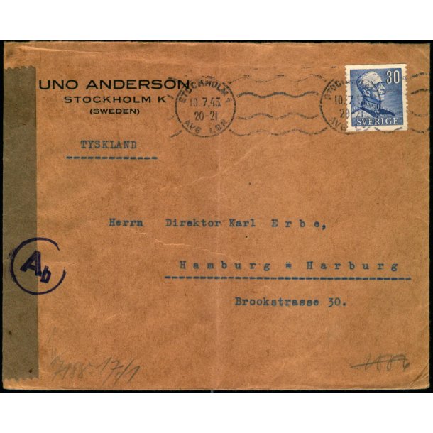Censurbrev fra Sverige  10 -7 - 43 - Til Tyskland