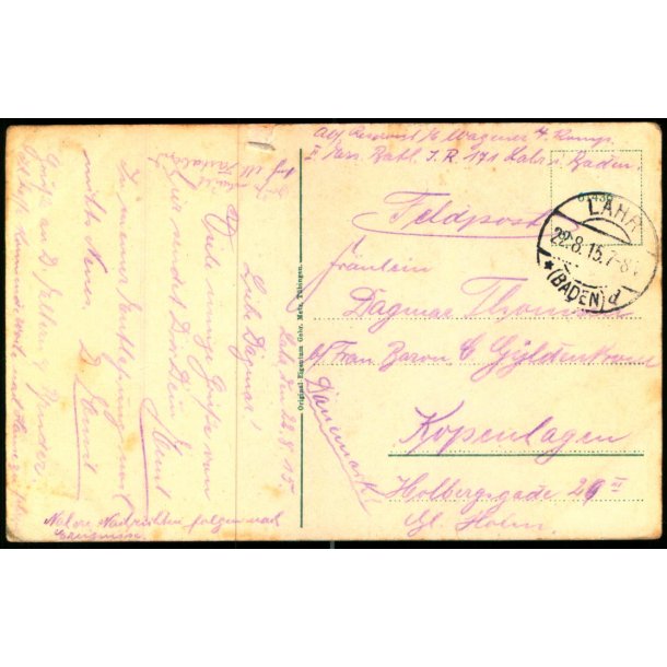 Feldpost - Lahr  22 -8 - 15  - Til Kbenhavn - Holbergsgade - Billedside : Lahr.
