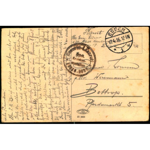Feldpost - Essen 17 - 4 -16 - Til Bottrup  - Billedside : Essen-West