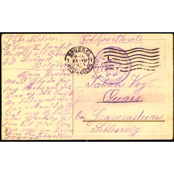  Feldpost - Brussel  23 - 7 -17 - Til Gravenstein - Schlesvig  - Billedside : Gedenken