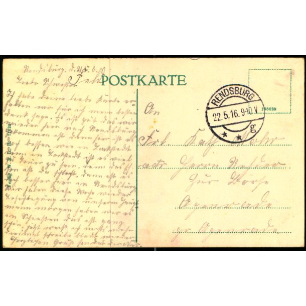 Feldpost - Rensburg   22 -5 -16 - Til  ? ?  - Billedside :  Rendsburg