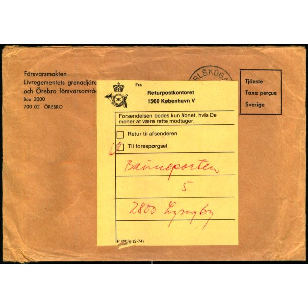  Brev Sverige til Lyngby 16 - 12 - 84  - Returpostkontoret til Foresprgsel !!