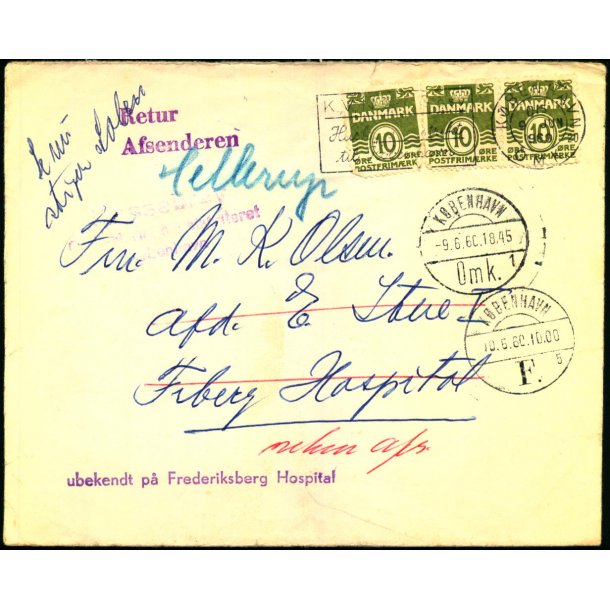 Brev til Frederiksberg Hospital - Ubekendt p Frederiksborg Hospital /Retur afsender 9-6- 60