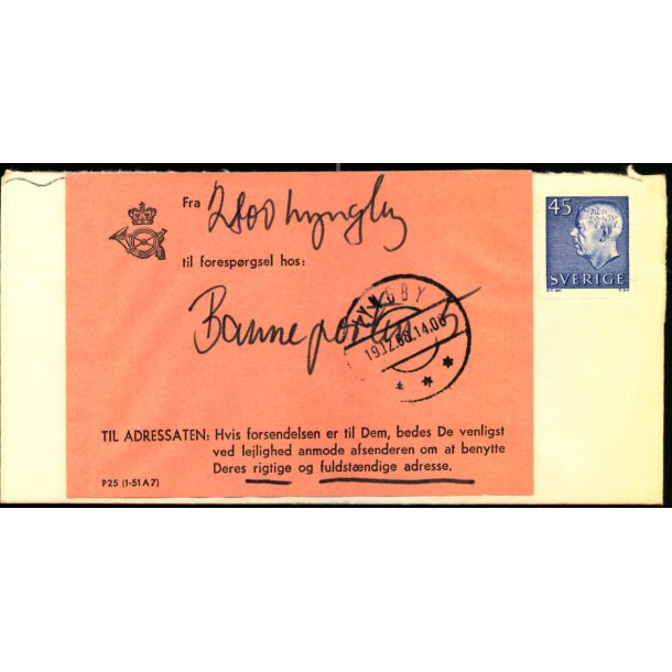 Brev Sverige til Lyngby 19 - 12 - 68  - Returpostkontoret til Foresprgsel / Ubekendteftr Adressen. 