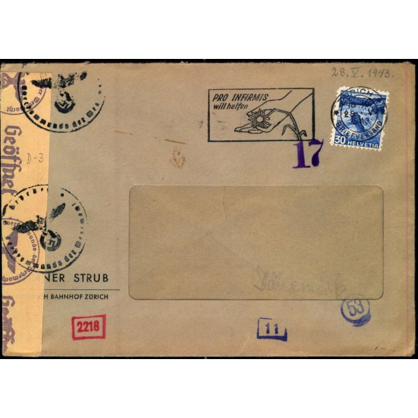 Censurbrev fra Schweiz  28 - 5 - 43 - Til Danmark