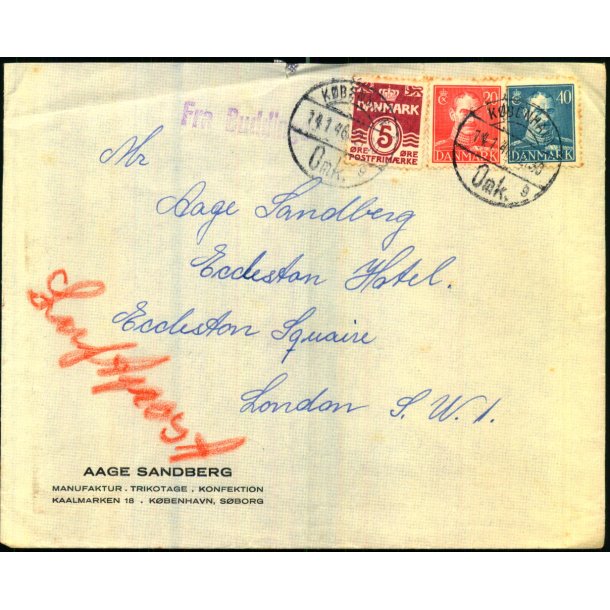 Luftpost Brev fra Danmark til London 14 - 1 - 46